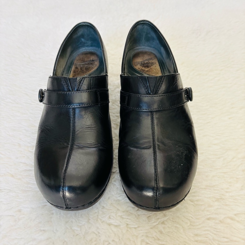 Dansko Black Leather Slip-On Clogs - Picture 7 of 13